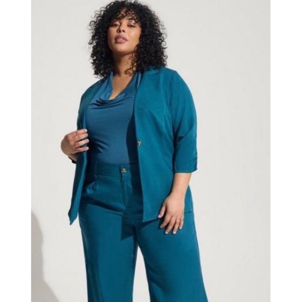 Torrid Studio Linen Blazer and Linen High Rise Pant Suit Set Blue Teal Sz 5X-20R - Picture 3 of 16